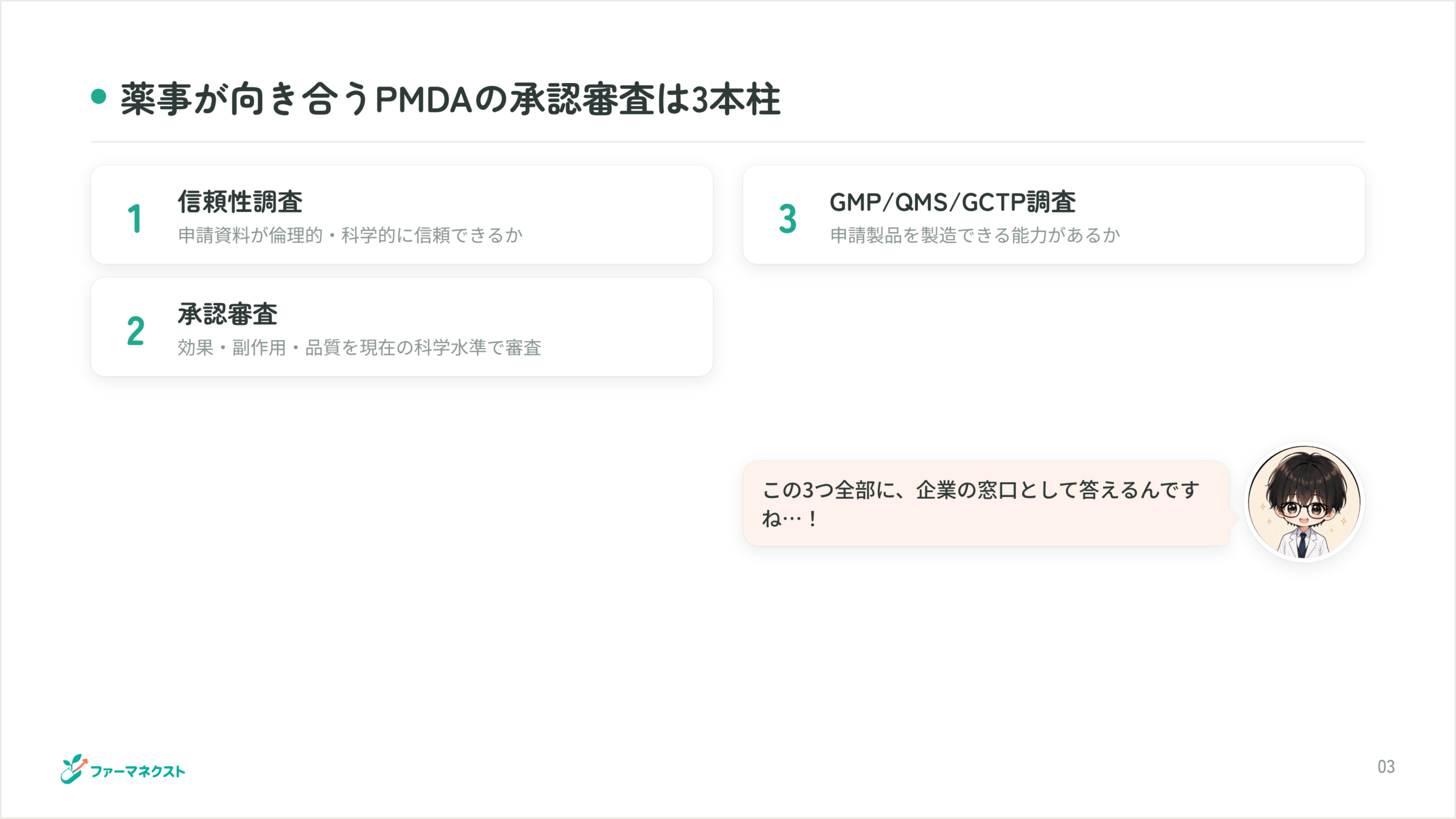 薬事が向き合うPMDAの承認審査は3本柱