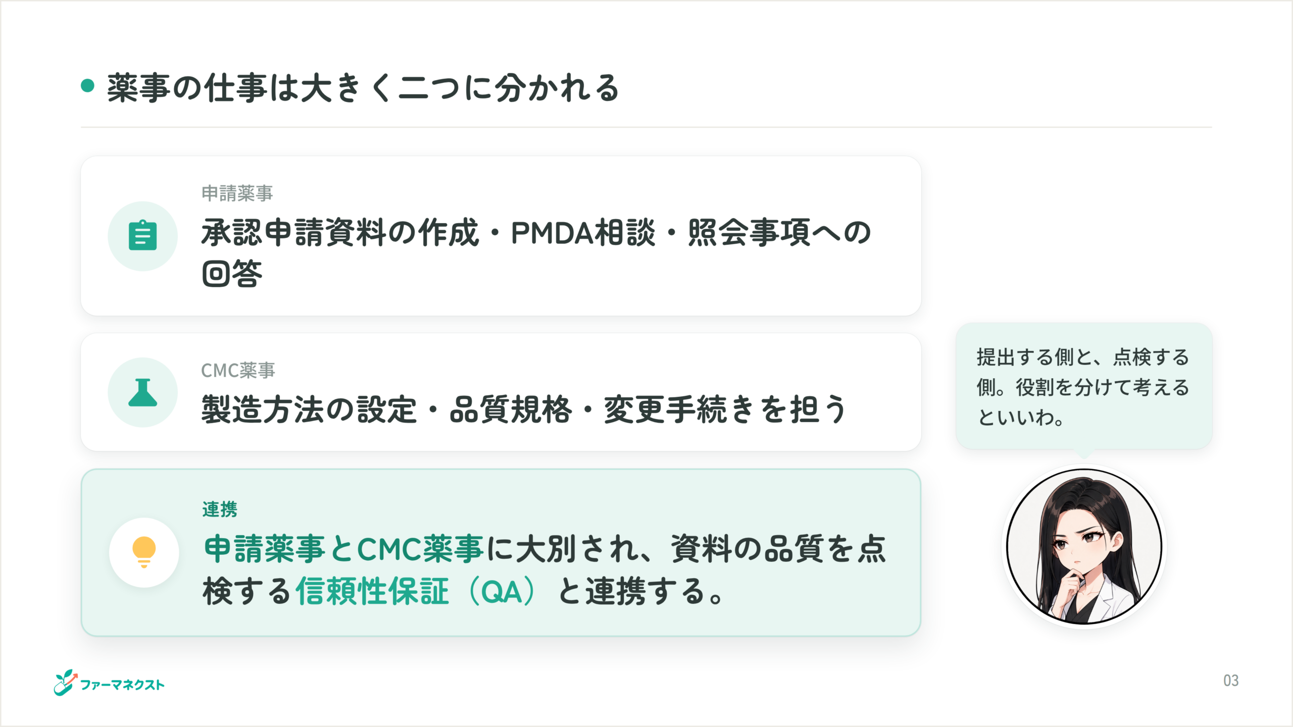薬事の仕事は大きく二つに分かれる